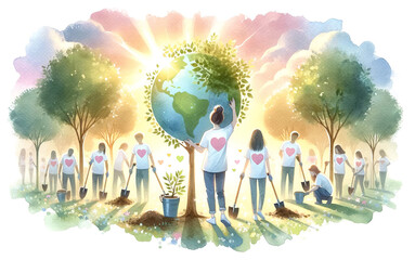 Volunteers Planting Trees for Earth Conservation,Watercolor Art - 768811380
