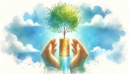 Hands Nurturing Tree Growth on Coins,Business Growth Concept - 768811392