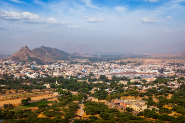 Holy city Pushkar aerial view from Savitri temple. Rajasthan, India - 768811503