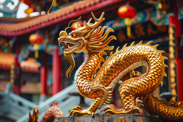 Fototapeta premium Typical auspicious dragon status in Chinese temple that brings good luck 