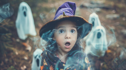 A wide-eyed girl in a witch costume expresses surprise at ghost figures amongst autumn leaves