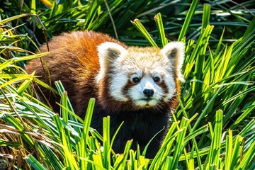 Solitary red panda standing amidst the lush foliage of leaves. © Wirestock