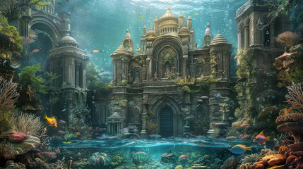 Obraz premium Underwater kingdom with a majestic castle standing in the middle surrounded by colorful marine life and coral reefs