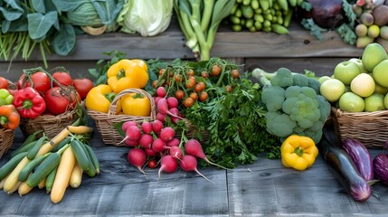 Fresh Farmers Market Bounty: A vibrant display of fresh produce from a local farmers market, with ripe fruits, vegetables, and herbs artistically arranged on a rustic wooden table - obrazy, fototapety, plakaty
