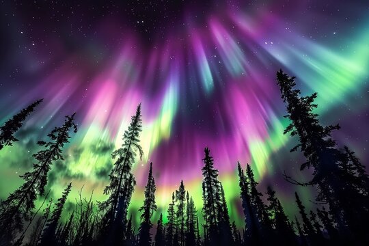 dramatic view of colorful aurora borealis display above dense wilderness at night