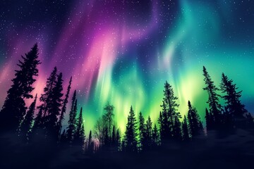 colorful aurora borealis display above dense wilderness at night - obrazy, fototapety, plakaty