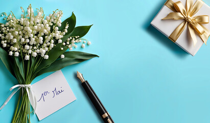 Un bouquet de muguet pour la fête du travail le 1er Mai avec une carte, un stylo à plume et un cadeau blanc décoré avec un ruban doré sur un fond bleu turquoise