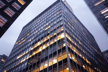 Naklejka premium exterior of highrise office with lit windows, dusk sky