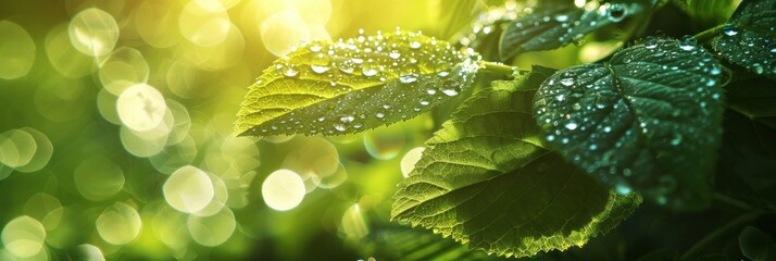 Morning dew on vibrant green leaves, with sunlight filtering through - obrazy, fototapety, plakaty
