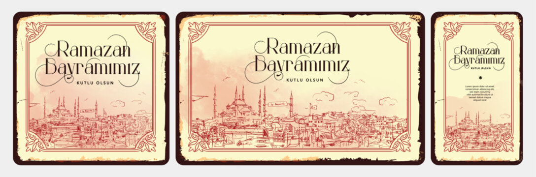 Holy Month of Muslim Community Ramadan Kareem, Feast of the Sacrifice greeting card, social media template, poster.(Turkish translation: Ramazan Bayramınız kutlu olsun. Kurban Bayramınız kutlu olsun.)