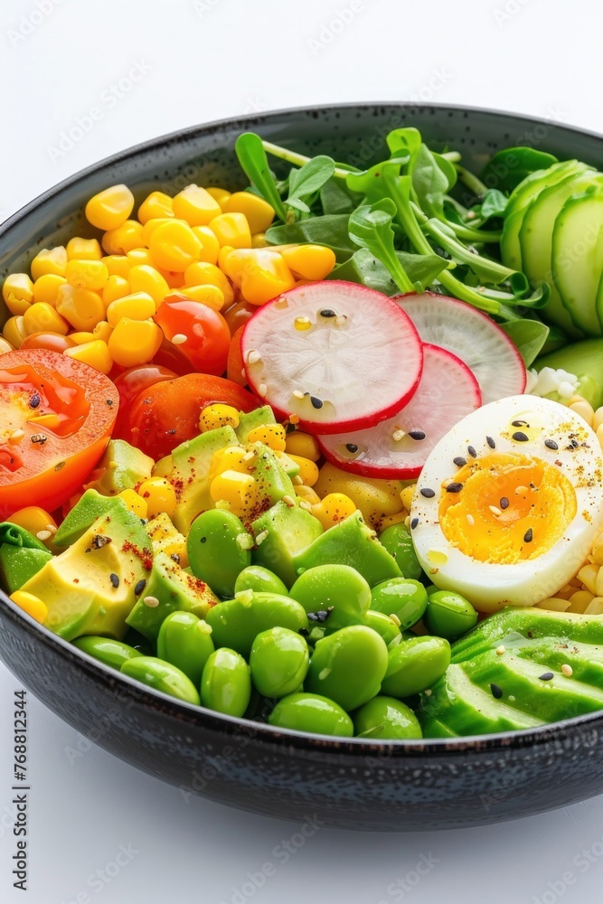 Sticker tomato top boiled egg in style of salad avocado, chickpea salad, fruits salads