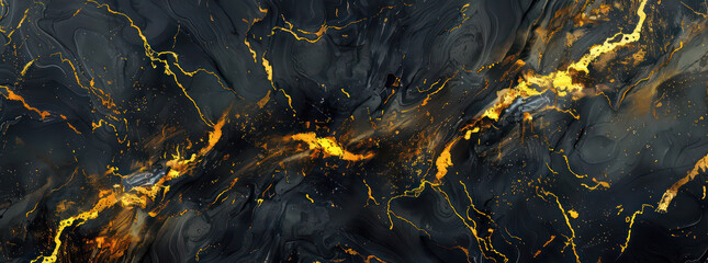Fototapeta premium Dark marble texture with golden veins. Black marble background wallpaper