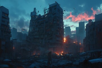 A dark and grim dystopian city street, with buildings in ruins and fire coming from the ground. 