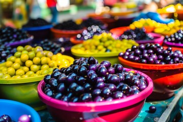 brightly colored acai berries in bowls at a street stall - obrazy, fototapety, plakaty