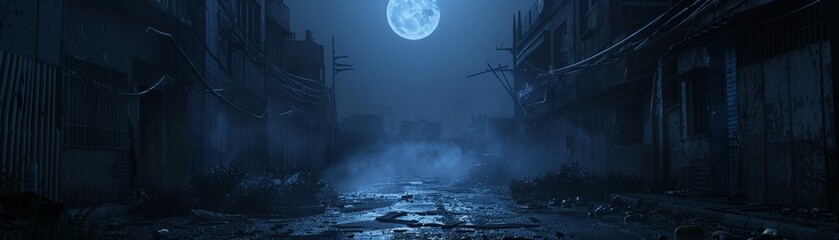 Recession grips, capital flight soars, eerie moonlight, tracking shot through abandoned streets close-up,3DCG