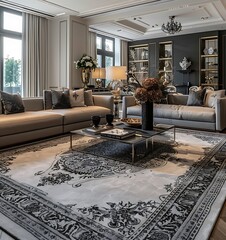 A large grey carpet with an intricate design in the middle of an elegant living room featuring comfortable sofas and decorative elements, focusing on the face