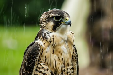 Naklejka premium falcon with feathers ruffled by strong wind