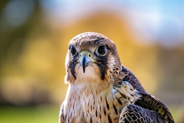 closeup of a falcon with hood in bright daylight - obrazy, fototapety, plakaty