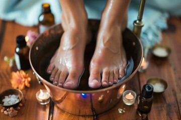 person with feet in a copper basin, surrounded by essential oils - obrazy, fototapety, plakaty