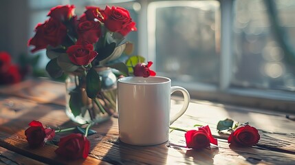 white mug on table with rose