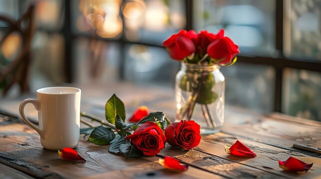 white mug on table with rose