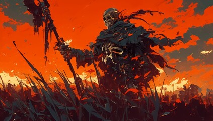 a fantasy scene of an undead skeleton warrior, standing in tall grass on the edge of fire and shadow at sunset, in dark orange and black tones