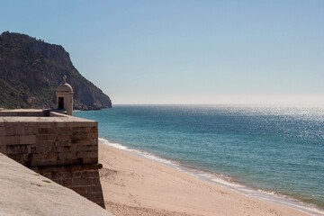 sea view with Saint James fortress at Sesimbra, Portugal - 768813329