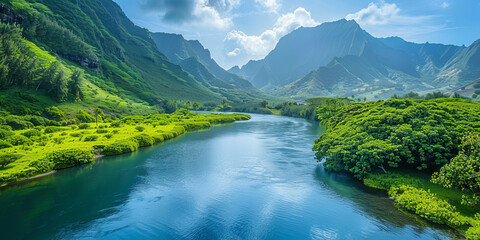 Fototapeta na wymiar This breathtaking image captures a wide river flanked by steep, magnificent green-covered mountains under a blue sky