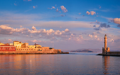 Panorama of picturesque old port of Chania is one of landmarks and tourist destinations of Crete island in the morning on sunrise. Chania, Crete, Greece - 768813538