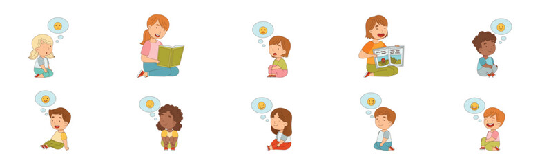 Woman Sitting and Reading Children Fairytale with Kids Expressing Different Emotion Vector Set