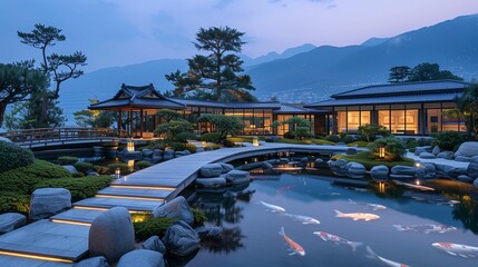 Traditional Japanese Garden at Twilight with Koi Pond - obrazy, fototapety, plakaty