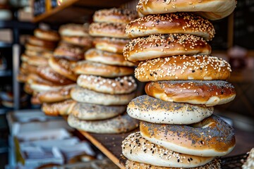 bagels stacked on a bakery shelf, various seeds on top