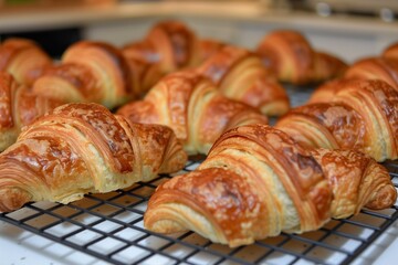 freshly baked croissants on a cooling rack