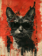 The cat has a cool expression wears black sunglasses watercolor vintage 
