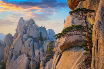 View of stones and rock formations from Ulsanbawi rock peak on sunset. Seoraksan National Park,...