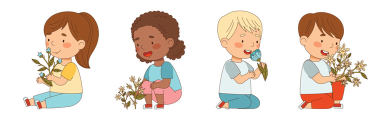 Little Kids with Seasonal Flower Bouquet Vector Set