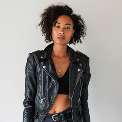  Modern Woman in Classic Black Leather Jacket with Stylish Attitude