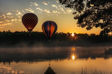 two balloons drifting over a serene lake at sunrise