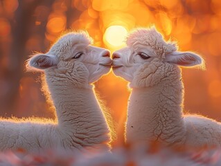 Fototapeta premium Two cute Alpacas Kiss Each Other