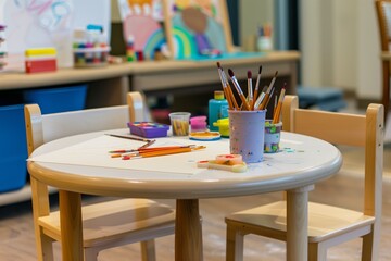 childsize chairs and round table with art supplies