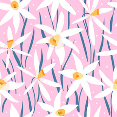 Vector Seamless Daffodils Narcissus Pattern on pink background. Beautiful spring flowers design for textile, postcards, wallpaper, wrapping paper. Vector illustration flat style