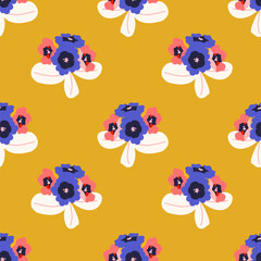 Spring primrose primula seamless pattern on yellow background vector. Cute seasonal floral vector illustration for print, fabric, tablecloth, wrapping paper, wallpaper, textile, cover