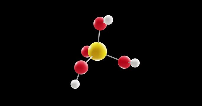 Phosphoric acid molecule, rotating 3D model of orthophosphoric acid, looped video on a black background