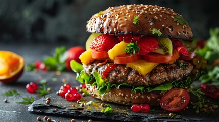 Gourmet hamburger with a twist of exotic fruit toppings and fresh vegetables