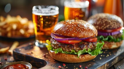 Juicy hamburgers with lettuce and tomatoes paired with assorted beers