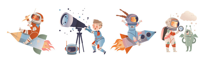 Cute Kid Astronauts and Cosmonaut in Outer Space Vector Set