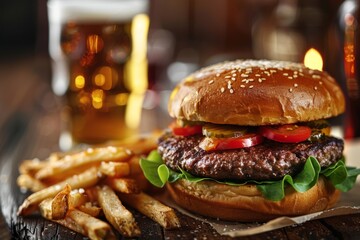 Delicious gourmet hamburger with crispy fries and cold beer on dark background
