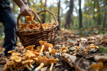 person with basket picking chanterelles in a forest