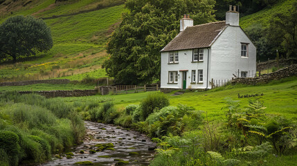 A pristine white cottage overlooks a peaceful stream amid flourishing greenery, creating a soothing, picturesque scene