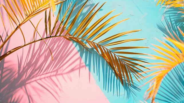 Pop art minimalism with dramatic, vibrant pastel Caribbean colors and palm fronds. Very colorful and impactful